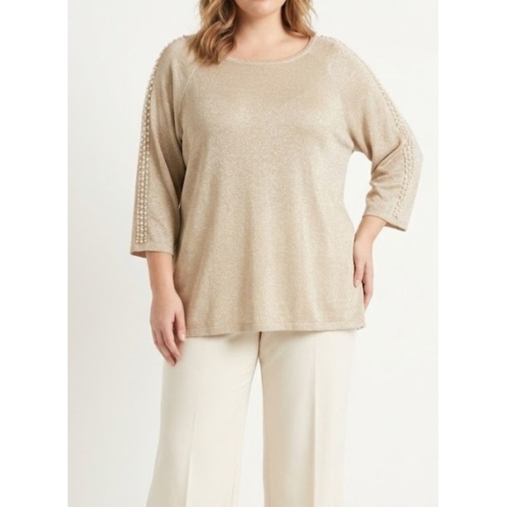INC International Concepts Top 3X Gold Metallic Pearl Rhinestone Embellished